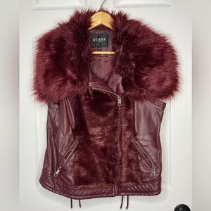 Guess Faux Fur & Faux Leather Moto Vest – Burgundy | Size L